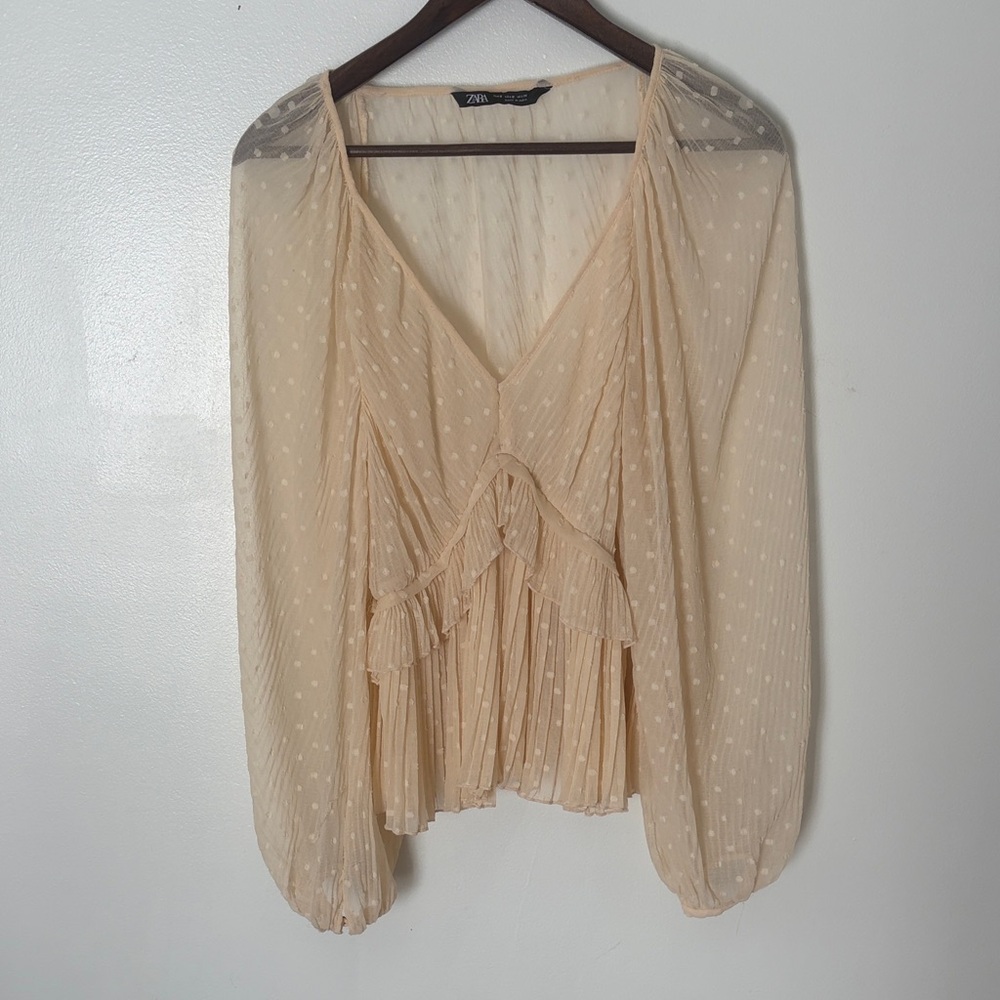 Zara Pale Beige Swiss Dot Ruffled V-Neck Blouse